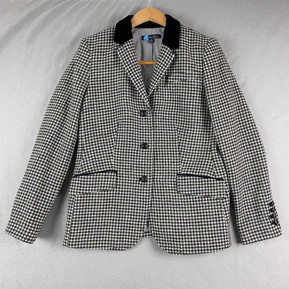 Brooks Brothers Womens blazer 10 houndstooth Wool Black White Moon England - Picture 1 of 16